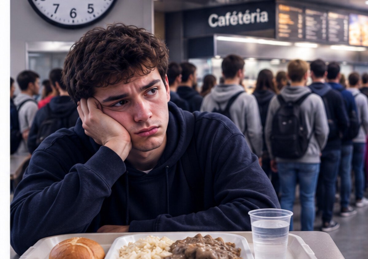 Étudiant devant une cafétéria saturée pendant une pause courte