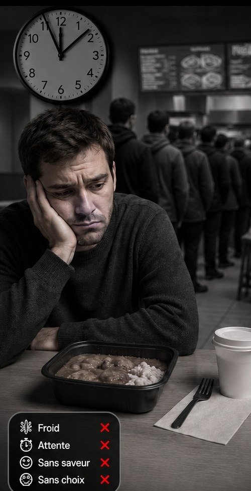 Pause repas difficile en entreprise avec attente et offre limitée